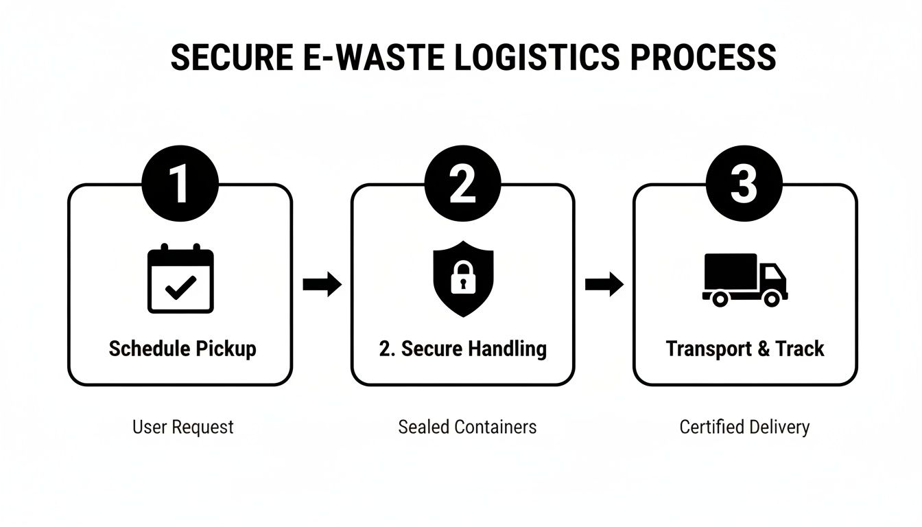 Infographic showing a secure e-waste logistics process, from scheduling pickup to certified delivery.