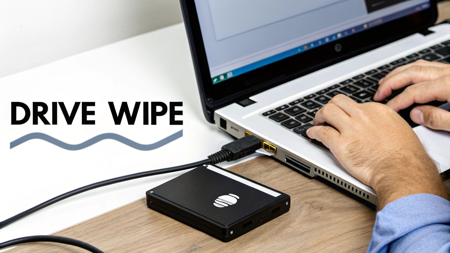 A person using a laptop connected to an external drive, with 'DRIVE WIPE' text displayed.