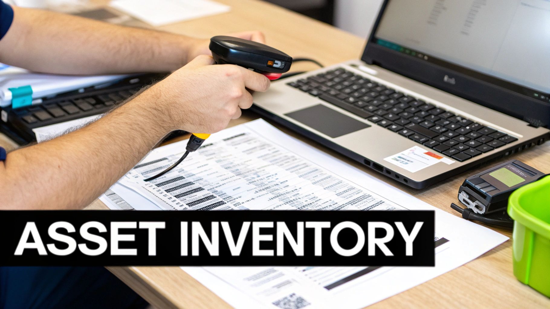 A person uses a barcode scanner to perform an asset inventory, with documents and a laptop on a desk.