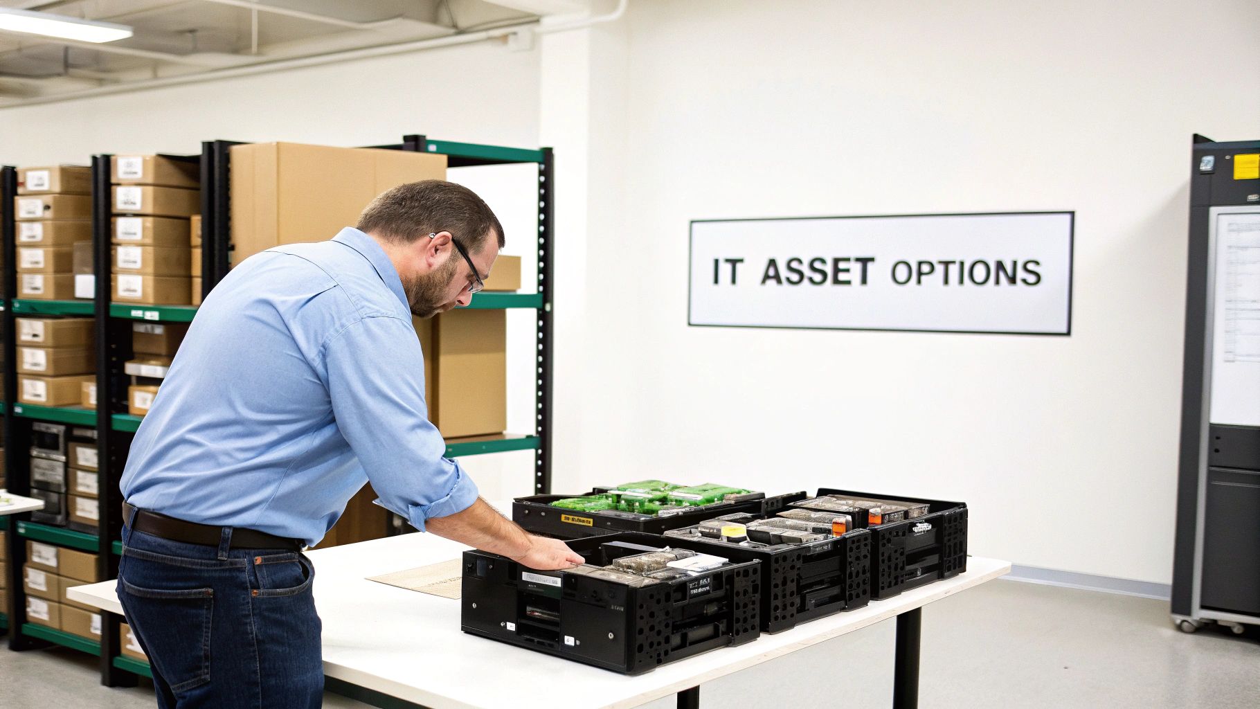 A man inspects old computer parts in black crates at an IT asset processing facility.