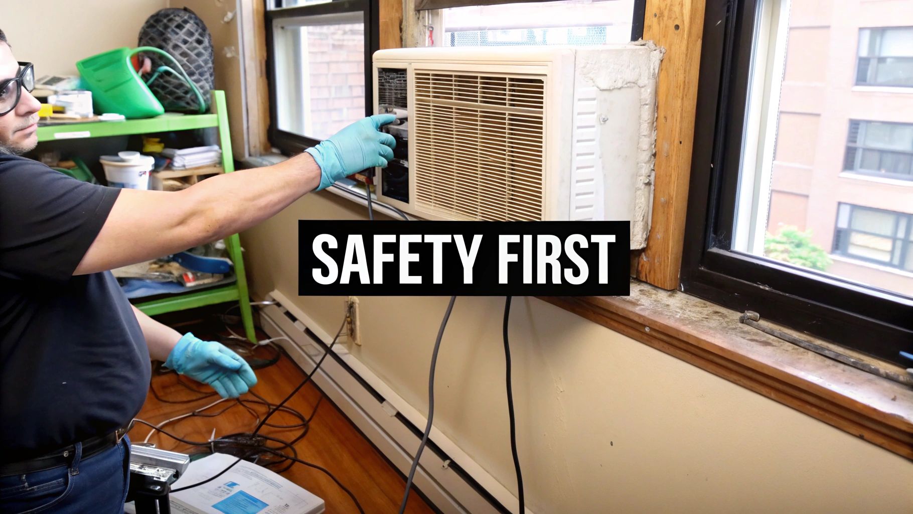 A person wearing gloves prepares to clean an old window air conditioner unit before recycling.