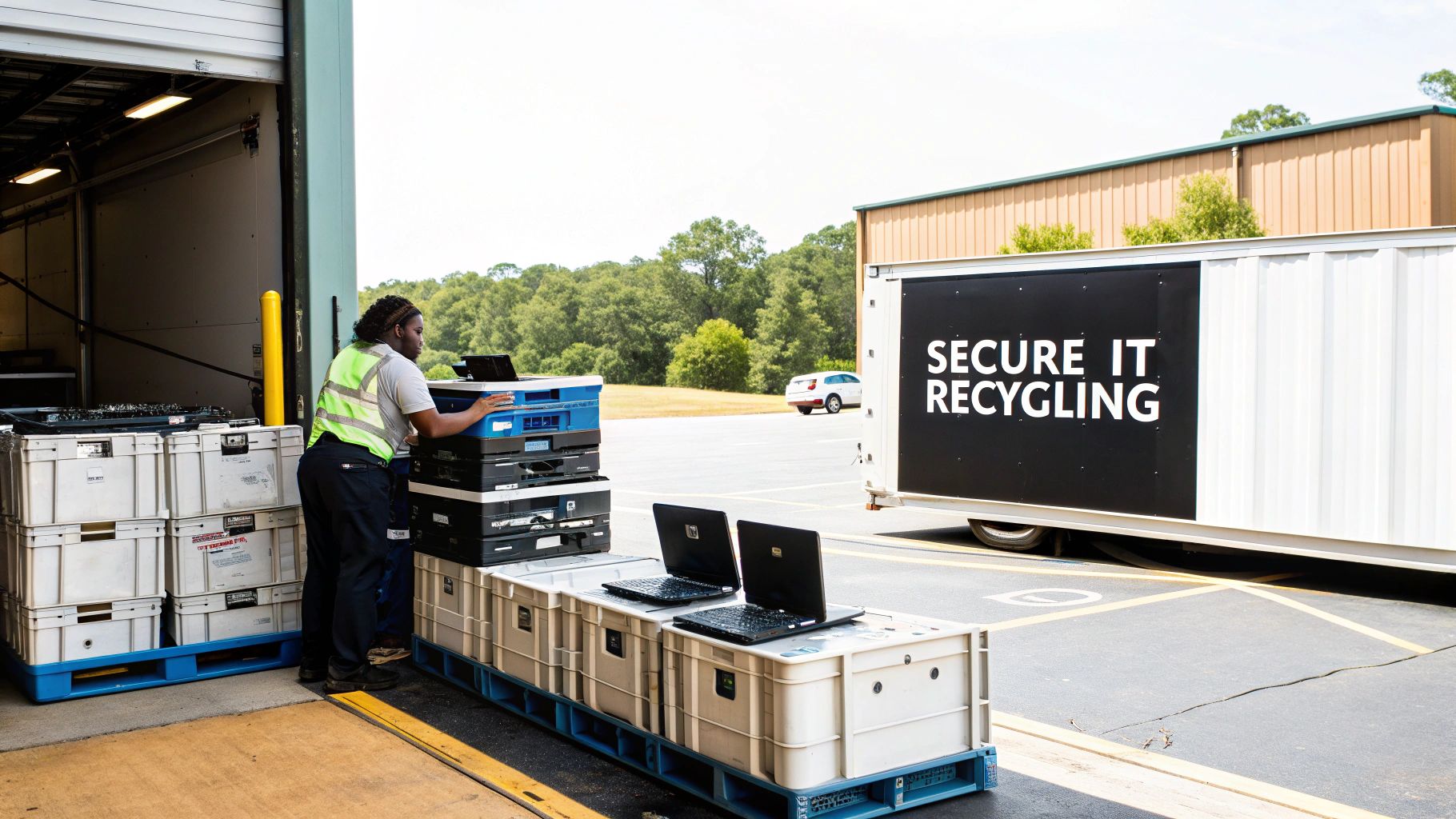 Person organizing IT equipment for recycling, with laptops and storage containers, near a trailer labeled "SECURE IT RECYCLING."