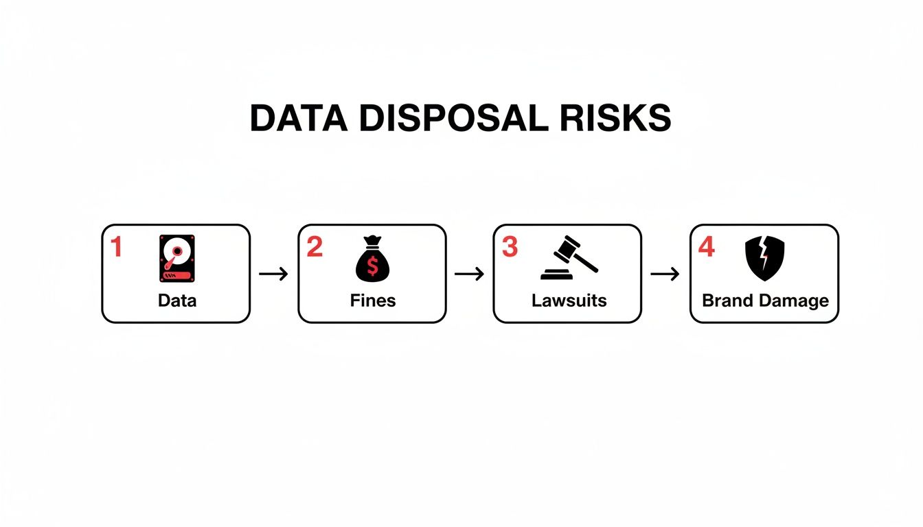 Flowchart illustrating data disposal risks, progressing from data handling to fines, lawsuits, and brand damage.