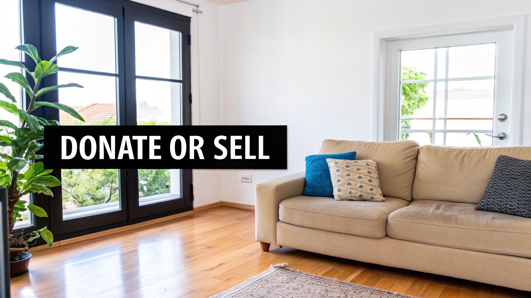 A bright living room with a beige couch, a green plant, and large windows. A black banner says DONATE OR SELL.