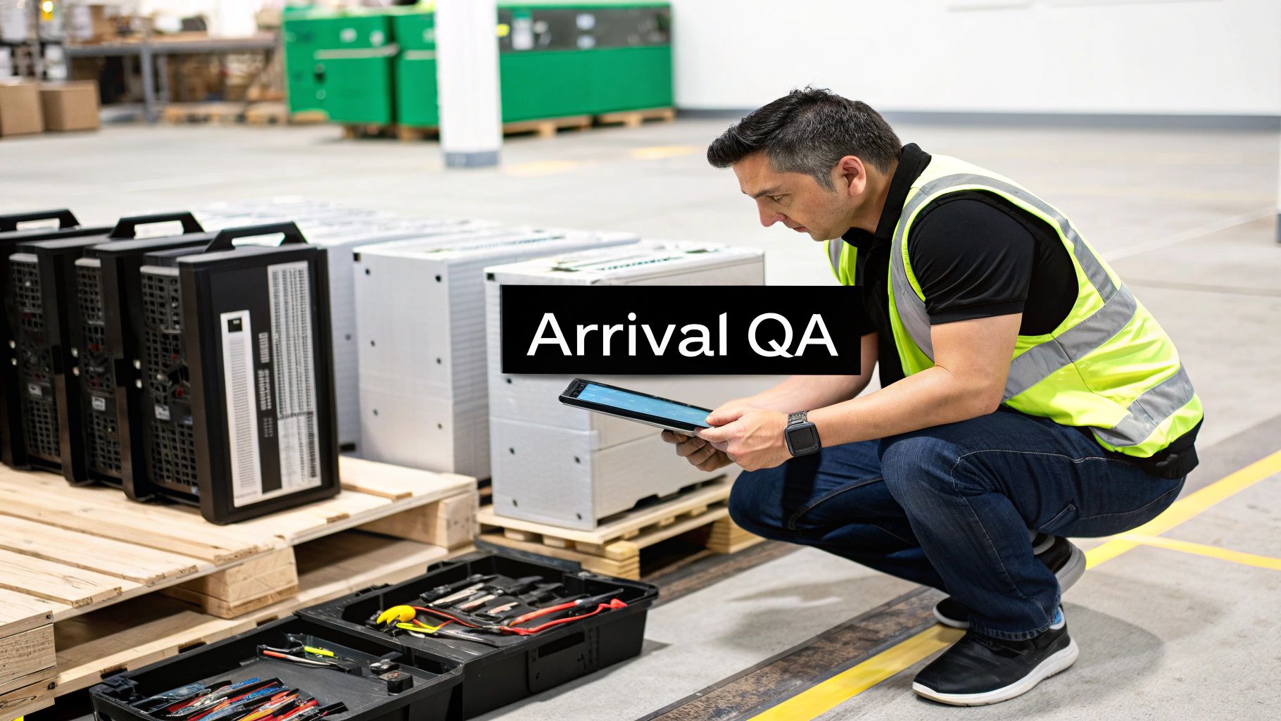 Man in safety vest inspects refurbished desktop computers with a tablet in a warehouse.