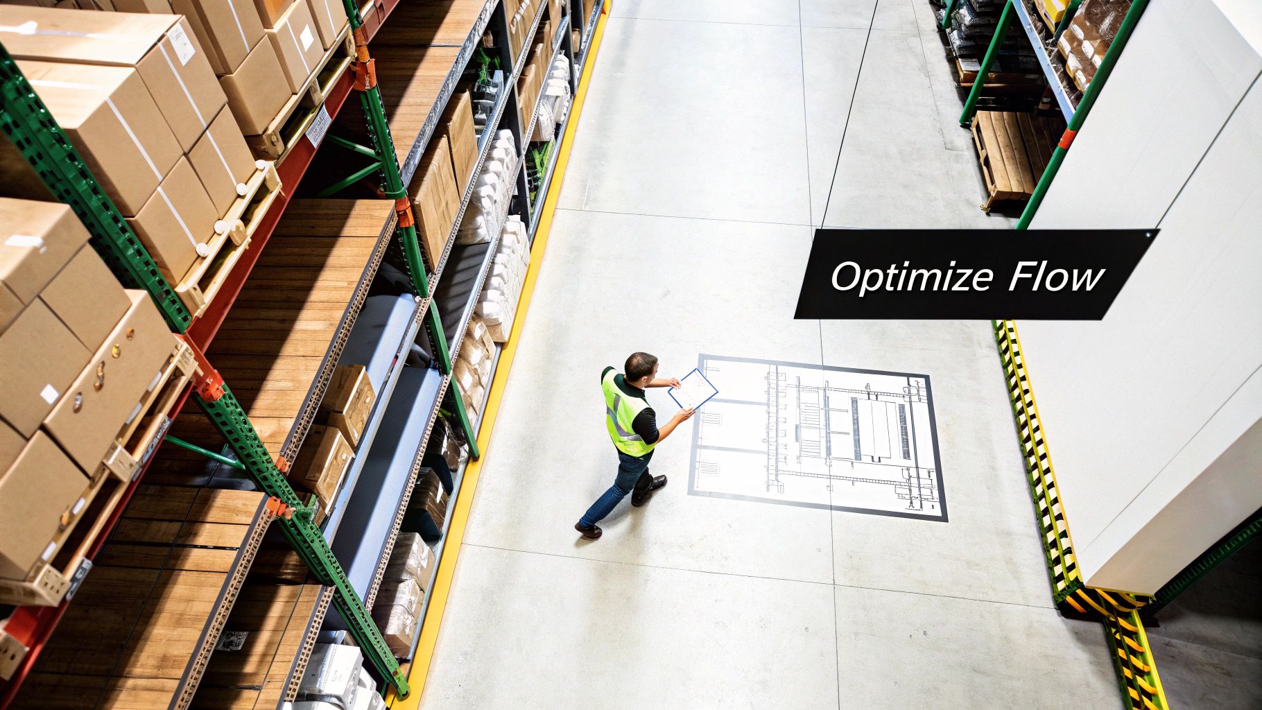 Overhead view of a warehouse manager reviewing a layout for optimizing product flow.