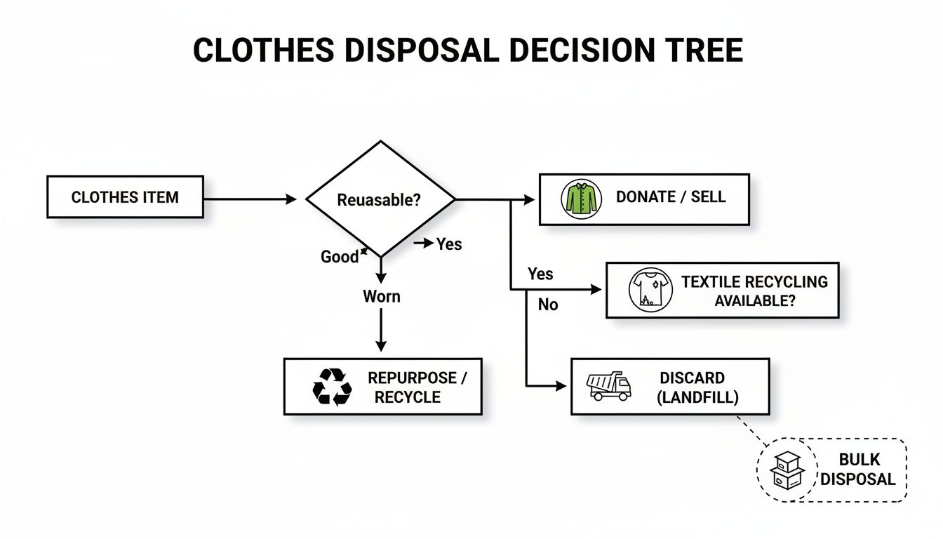 A clothes disposal decision tree flowchart outlining options for reusing, donating, selling, recycling, or discarding clothes.