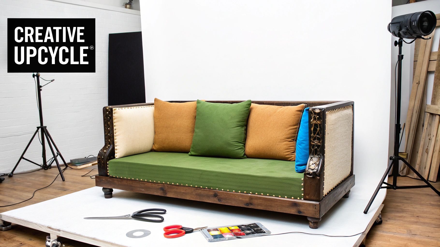 Upcycled couch with green cushions and decorative pillows in professional photography studio setting