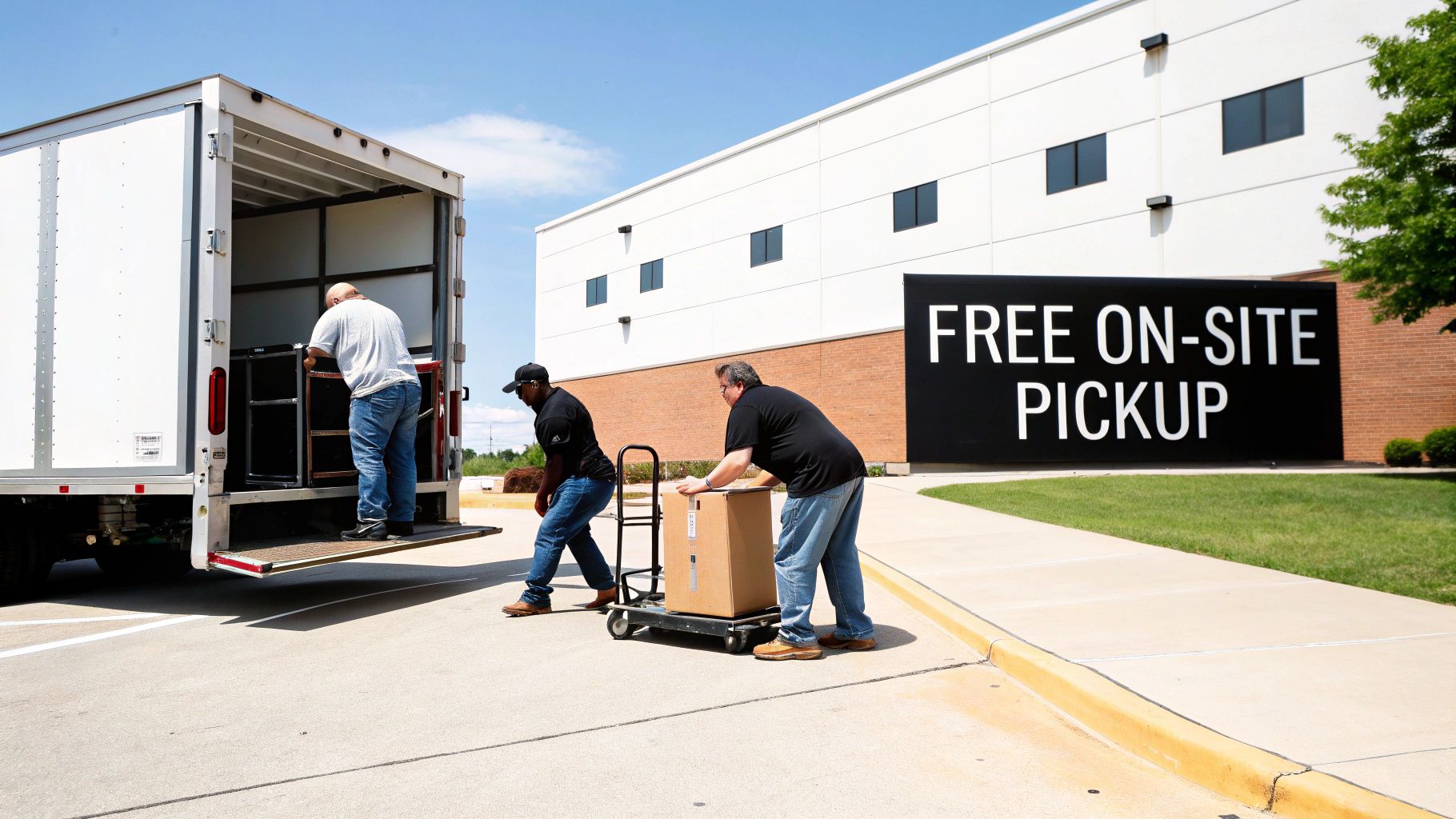 Three men load large items and a cardboard box onto a white moving truck for free on-site pickup.