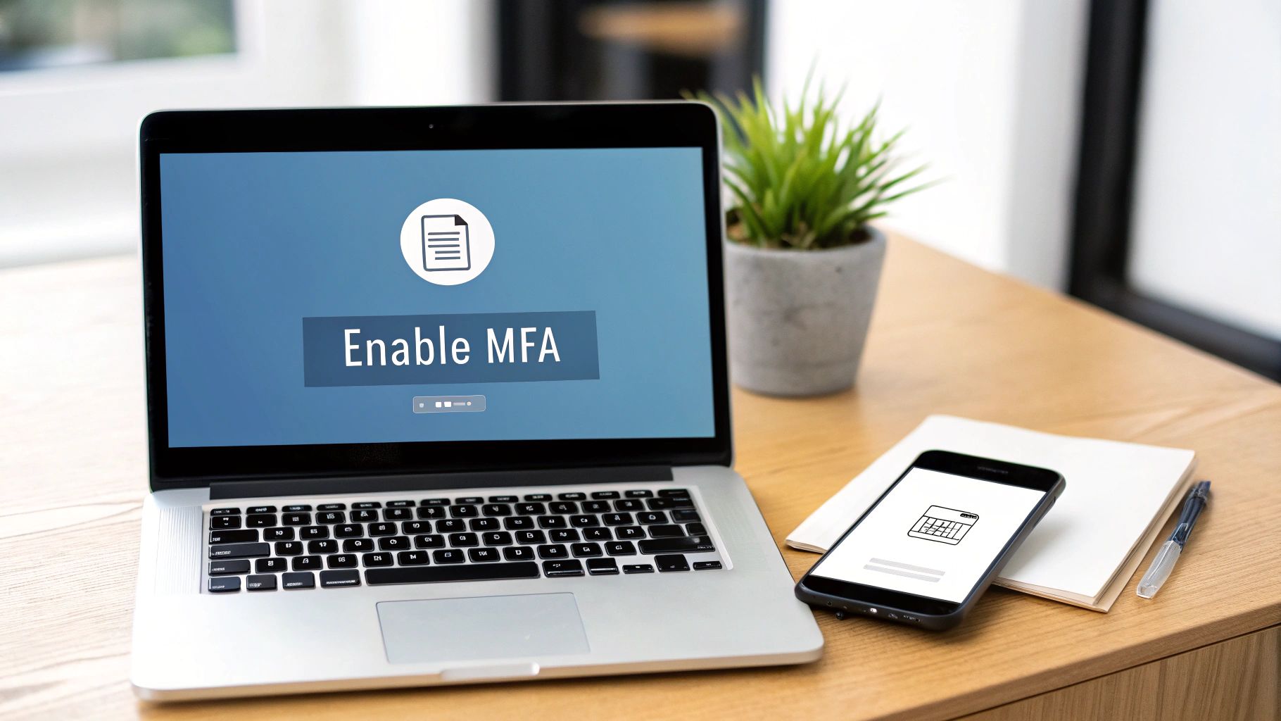A laptop displaying 'Enable MFA' on its screen, with a smartphone and plant on a wooden desk.
