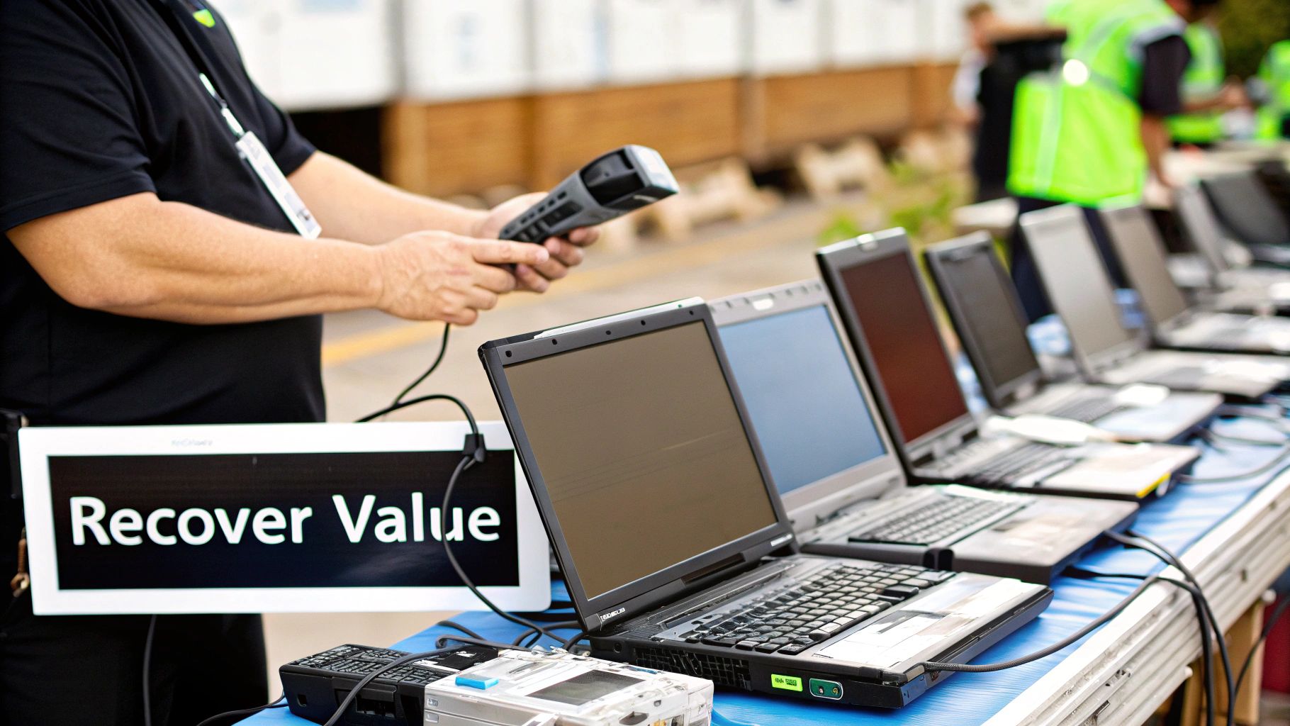 A person scans a laptop with a barcode scanner at an IT asset disposition event.