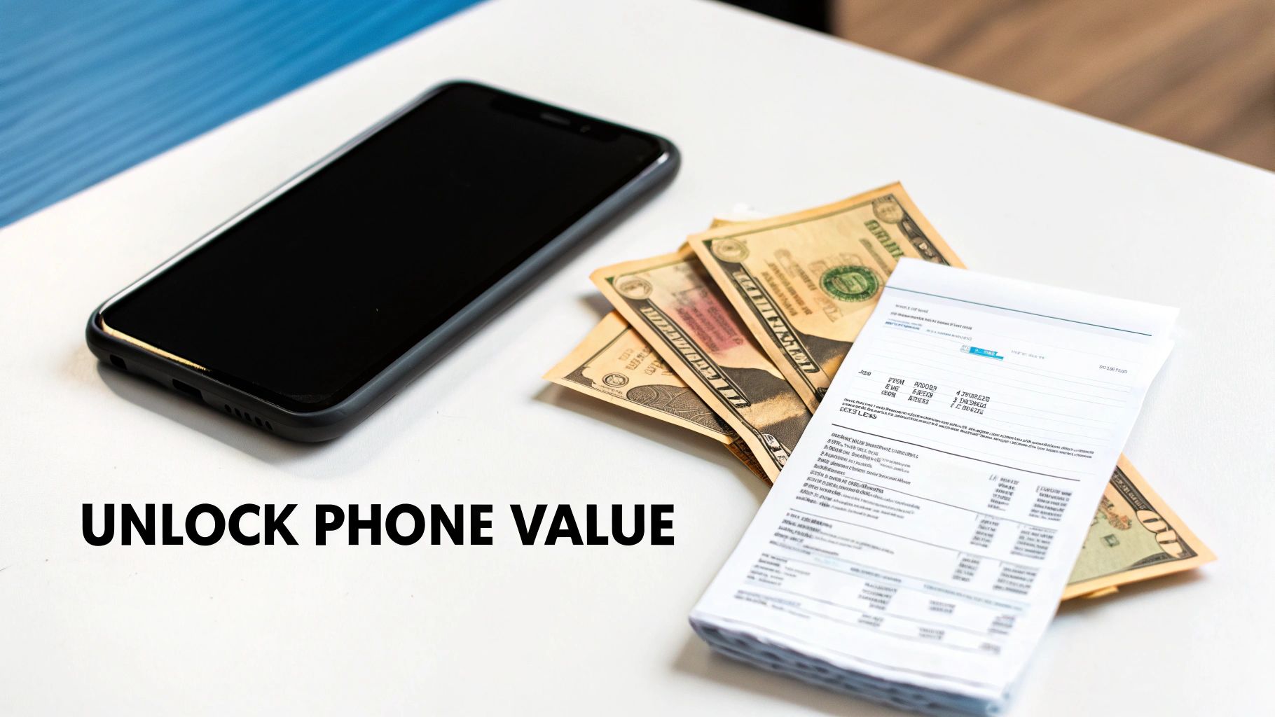 A black smartphone, US dollar bills, and documents on a white surface, symbolizing phone value or trade-in.