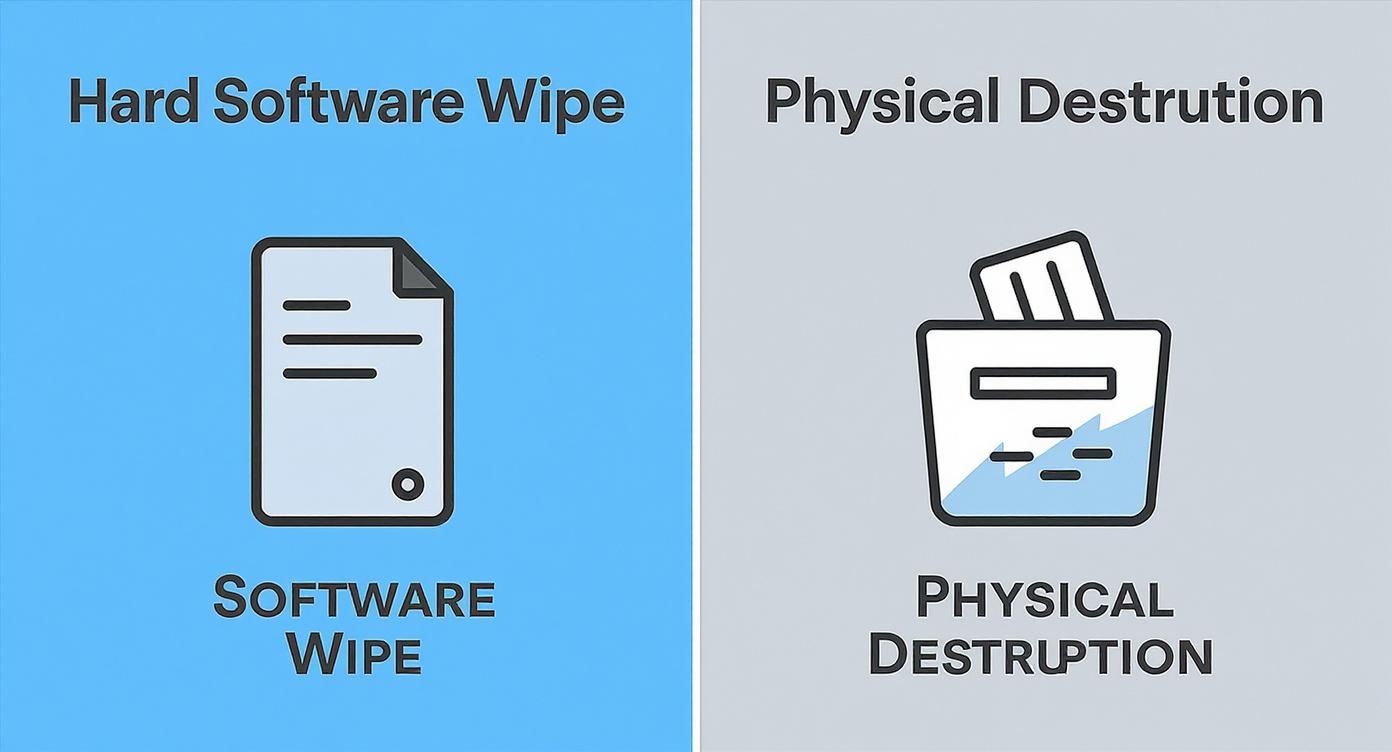 Infographic comparing software wiping and physical destruction for hard drives.