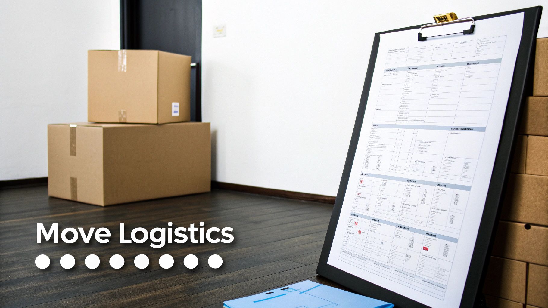 Cardboard boxes and a detailed moving checklist on a clipboard with 'Move Logistics' text.