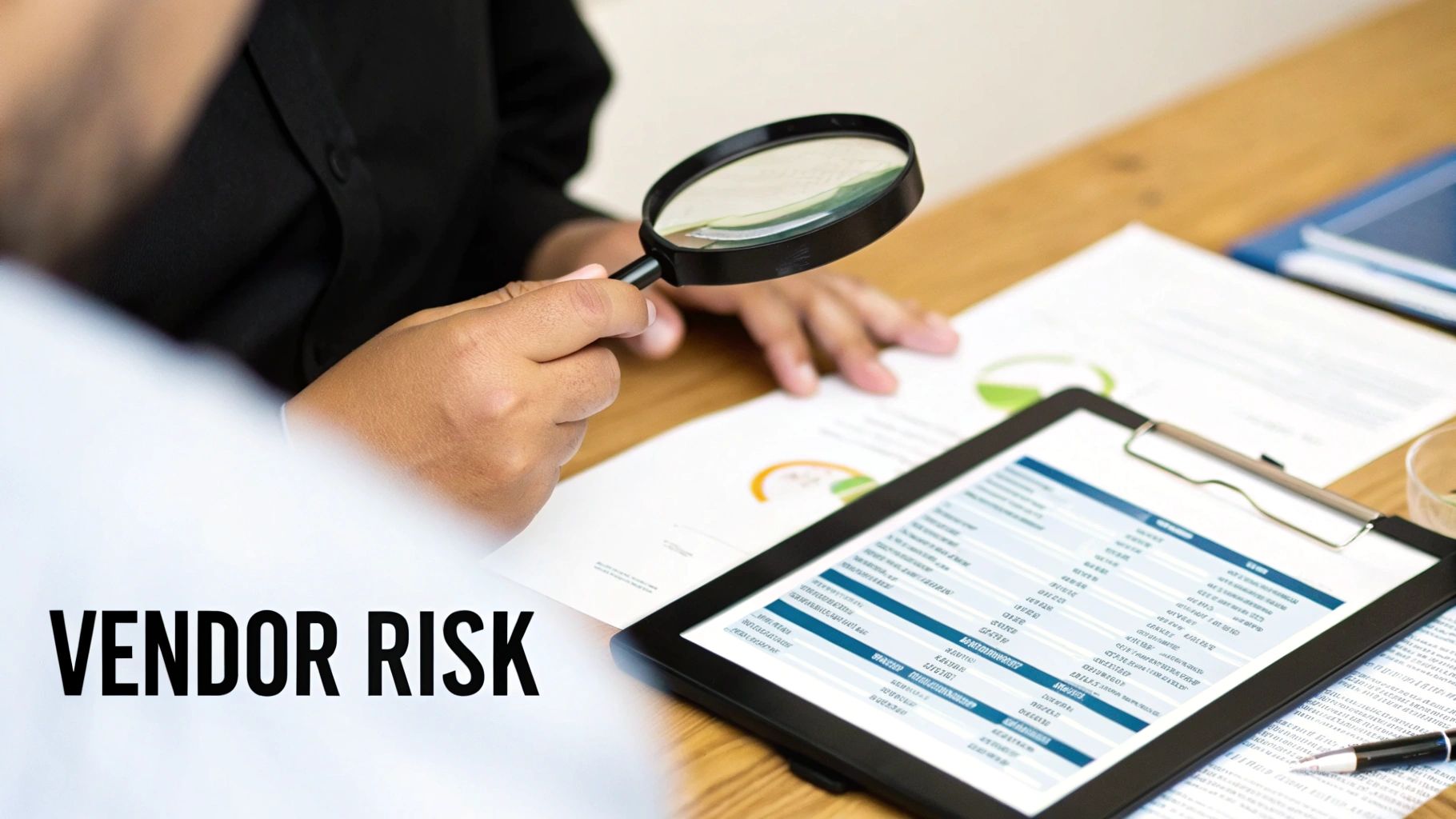 A person uses a magnifying glass to scrutinize documents and a data report on a clipboard, signifying vendor risk analysis.