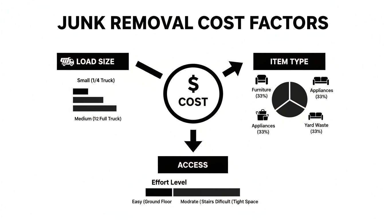 Infographic illustrating junk removal cost factors including load size, item type, and access difficulty.