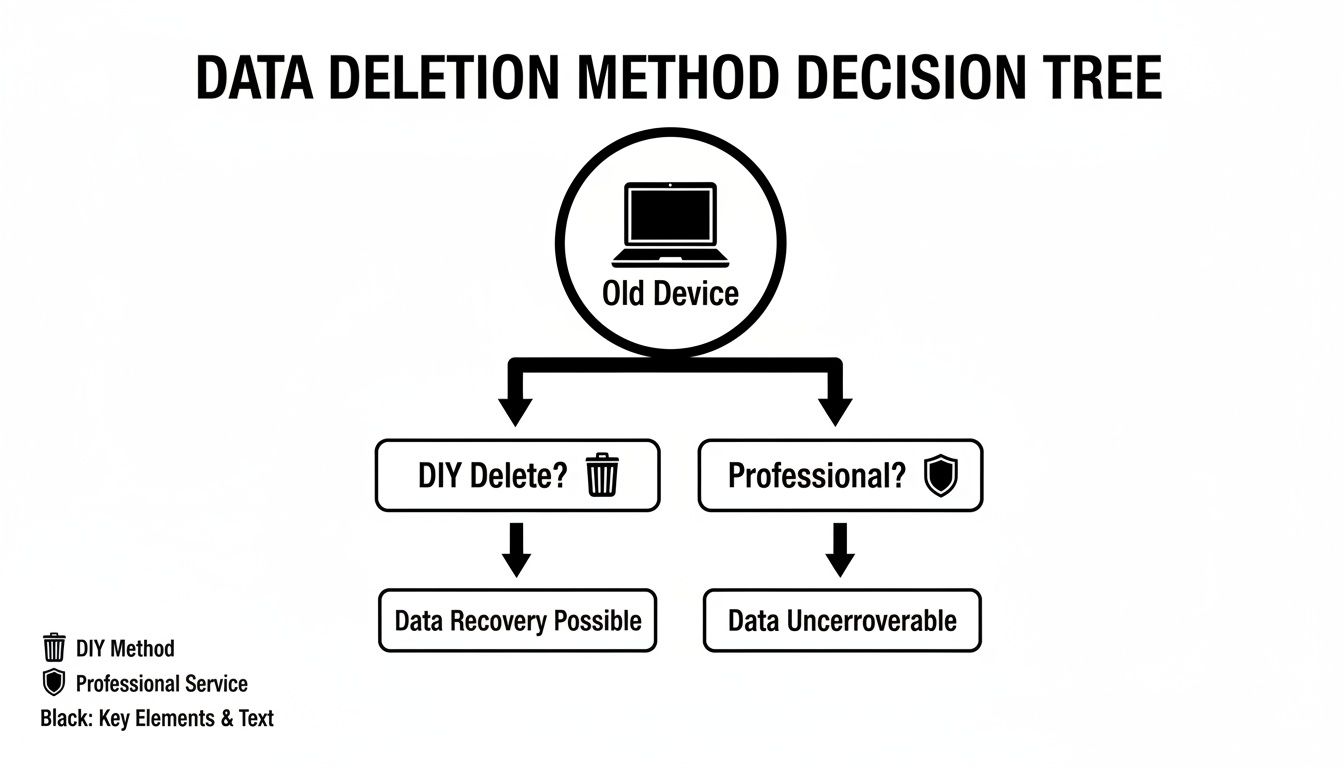 Decision tree showing data deletion methods: DIY delete allows recovery, while professional service ensures unrecoverable data on old devices.