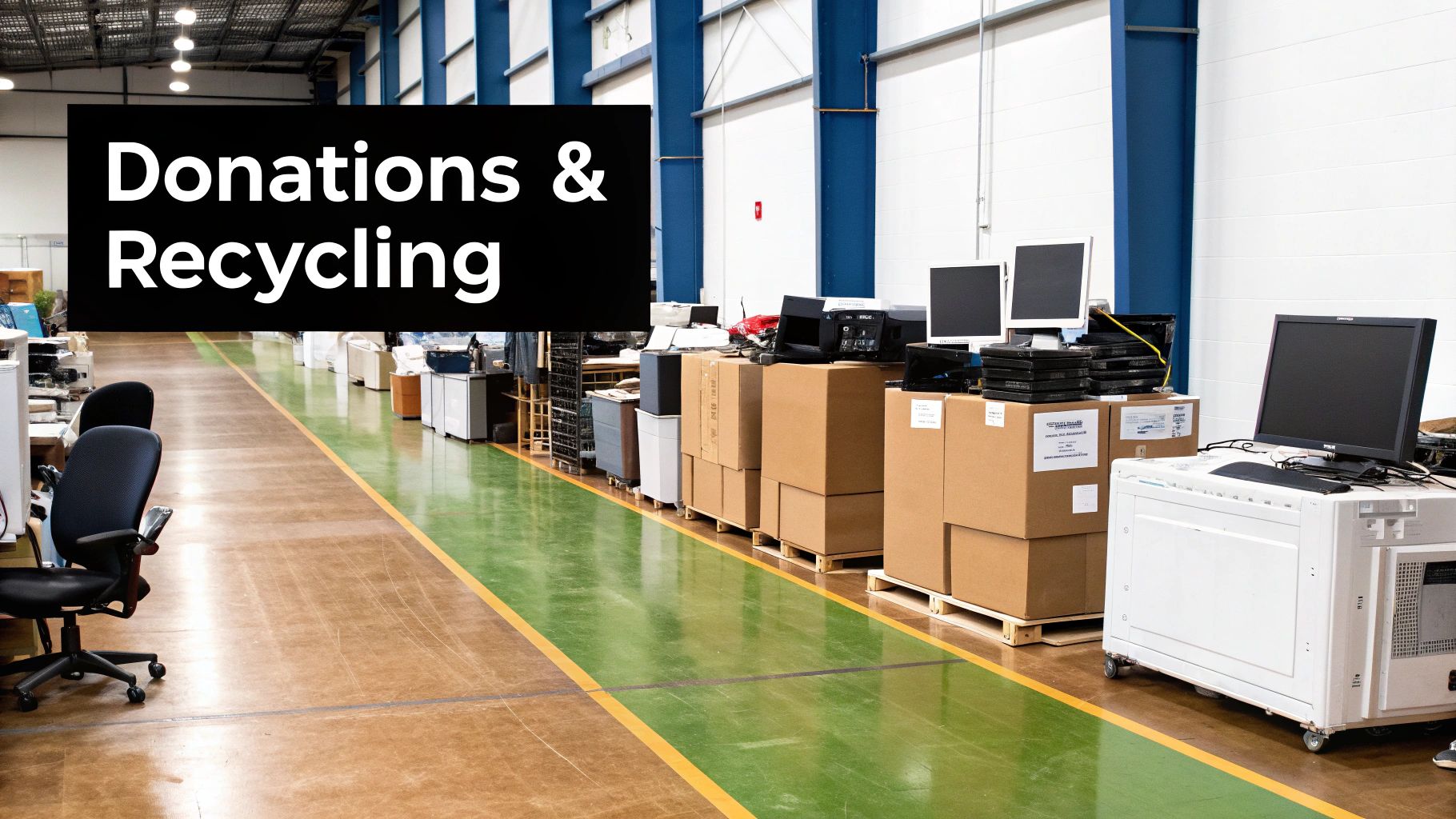 A warehouse with neatly organized sections for different types of furniture and materials ready for donation and recycling.