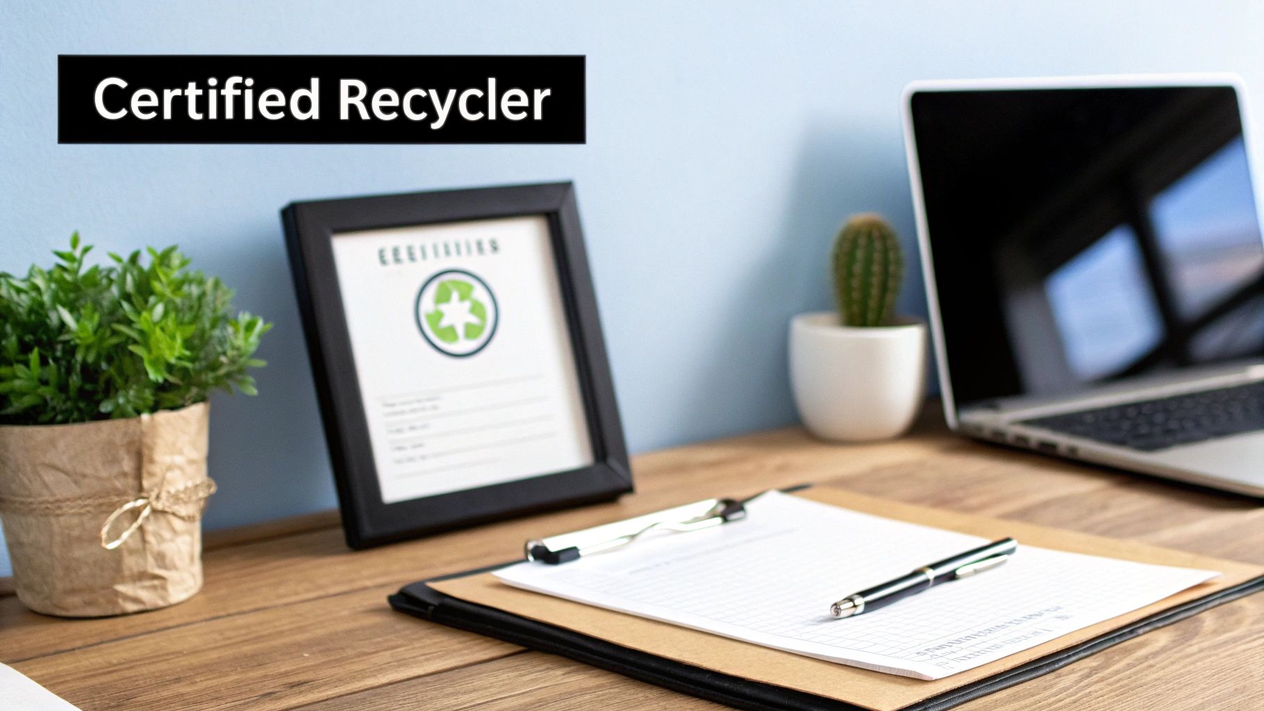 A desk with a 'Certified Recycler' certificate, plants, laptop, and clipboard, symbolizing sustainability.