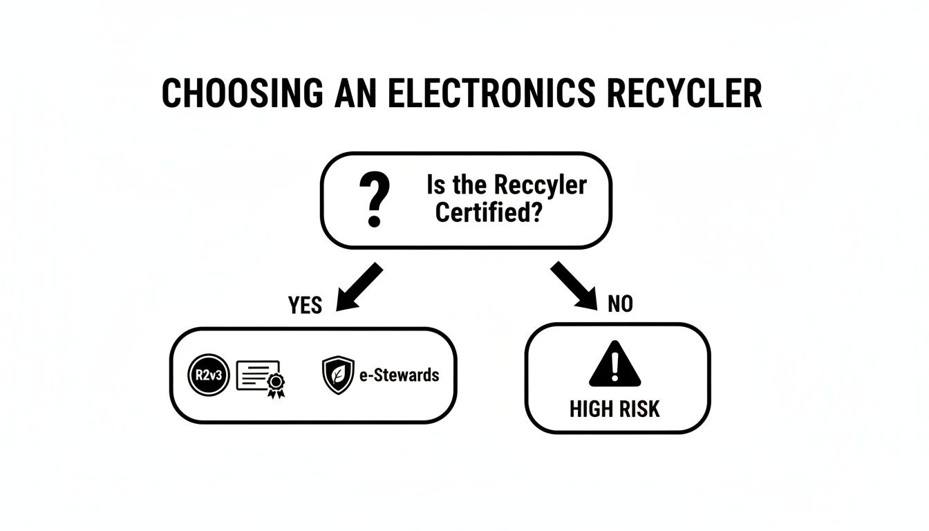 Choosing an electronics recycler flowchart highlighting certification importance, featuring R2v3 and e-Stewards logos, indicating high risk for uncertified recyclers.