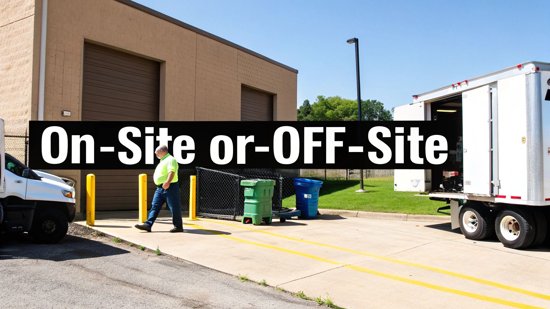 Worker in safety vest walking between vehicles at secure document shredding facility with mobile truck
