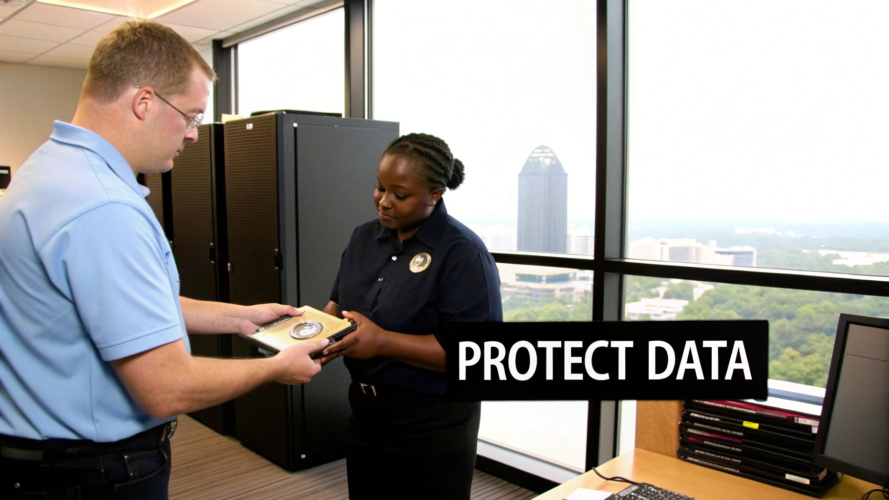 A man hands a data storage device to a woman in a modern data center office.