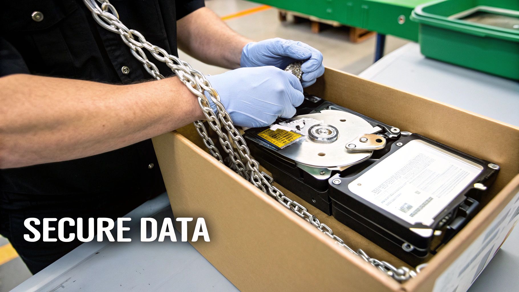 A gloved worker inspects hard drives in a box, a chain signifying secure data handling.