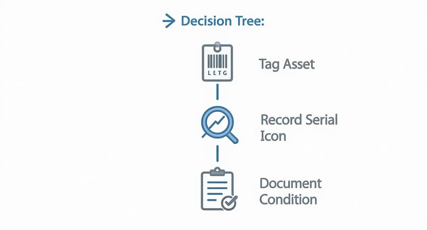 This decision tree infographic shows the first steps in an IT asset inventory process Tag Asset, Record Serial, and Document Condition.