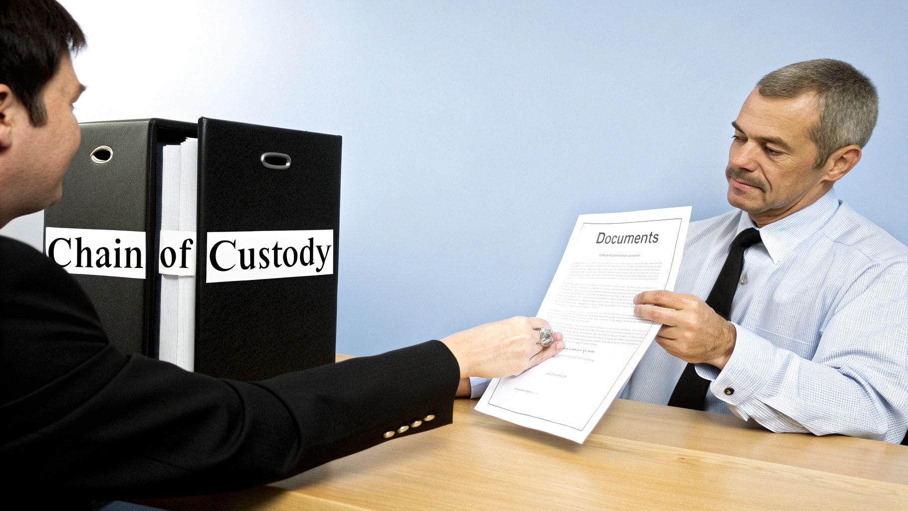Two men exchanging legal documents, with 'Chain of Custody' binders in the background.