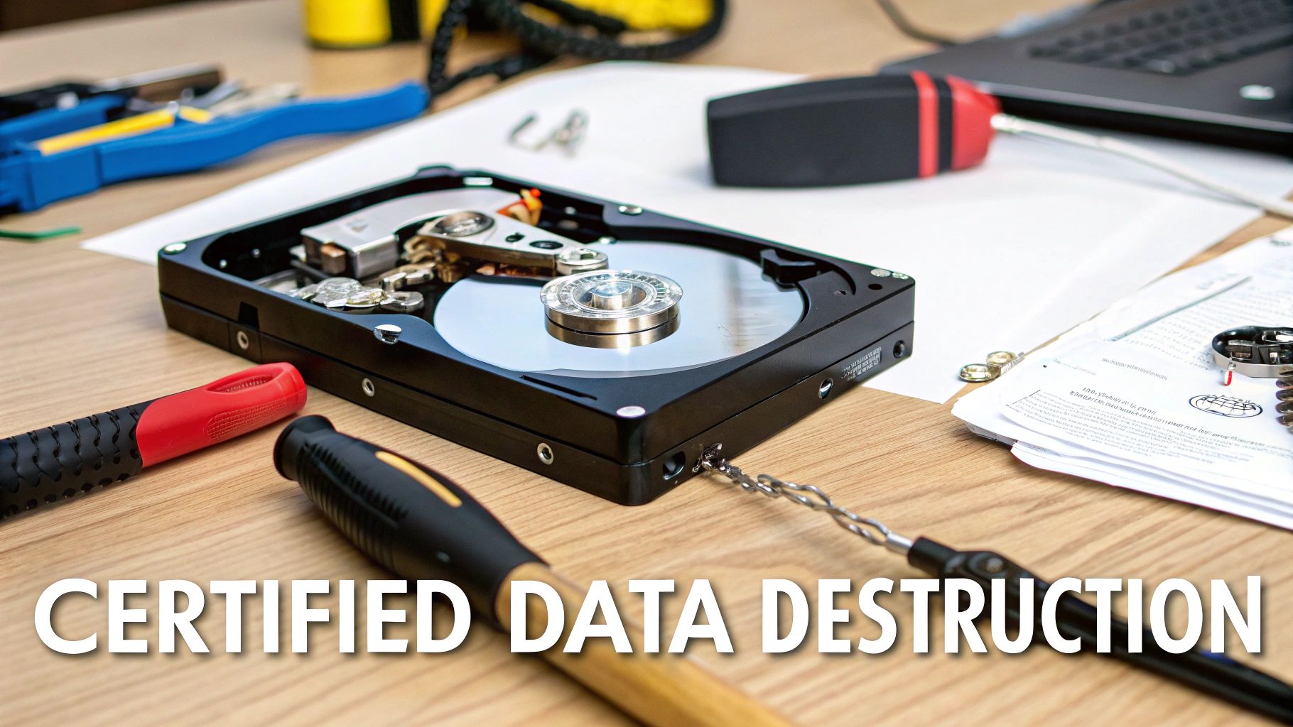 Opened hard drive with tools on a wooden desk, symbolizing certified data destruction.
