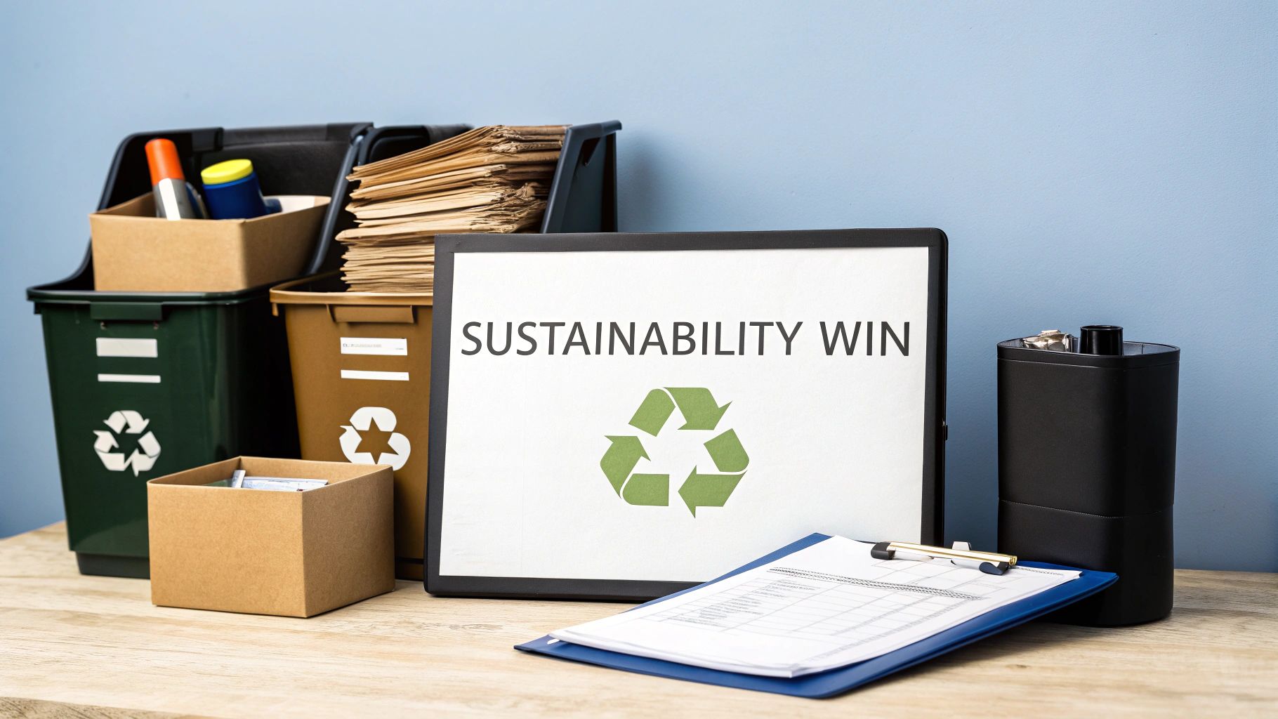 Recycling bins filled with different materials next to a 'Sustainability Win' sign and a clipboard.
