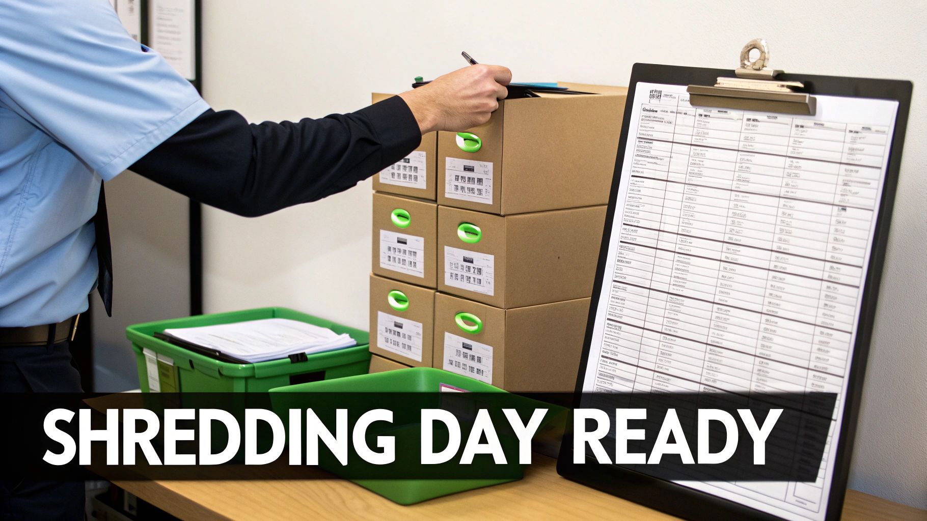 Person organizing cardboard boxes with labels preparing documents for professional shredding day service