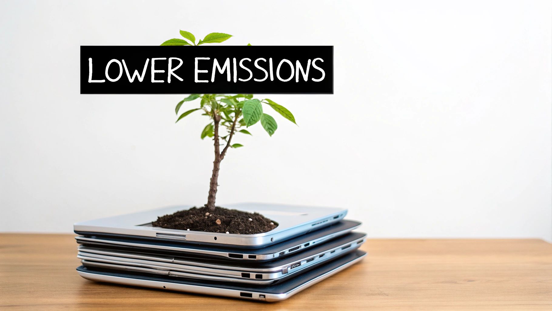 A small green plant grows out of a stack of old laptops with a sign saying 'LOWER EMISSIONS'.