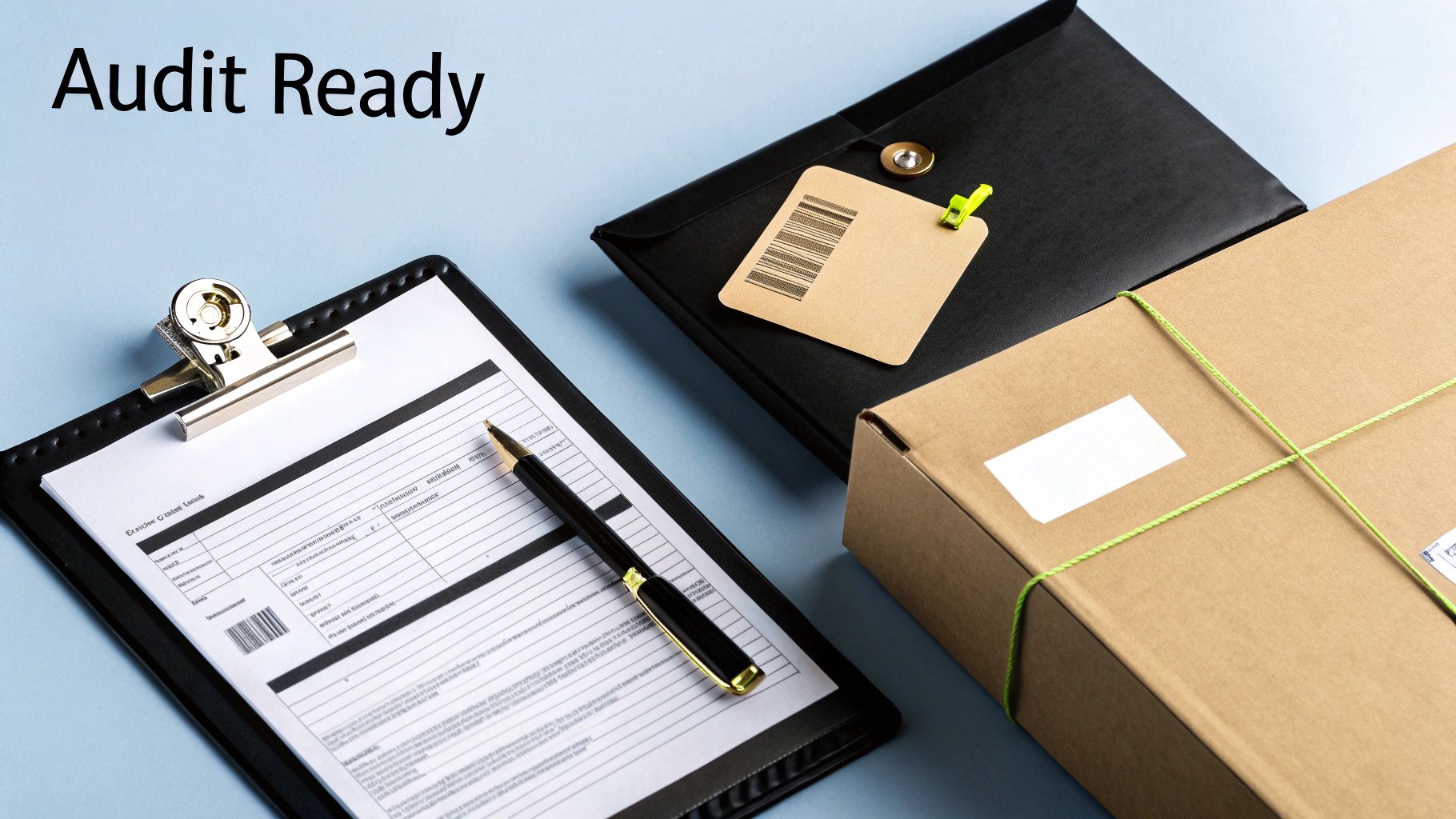 A clipboard with a document and pen, a folder with a barcode, and a package, symbolizing audit readiness.