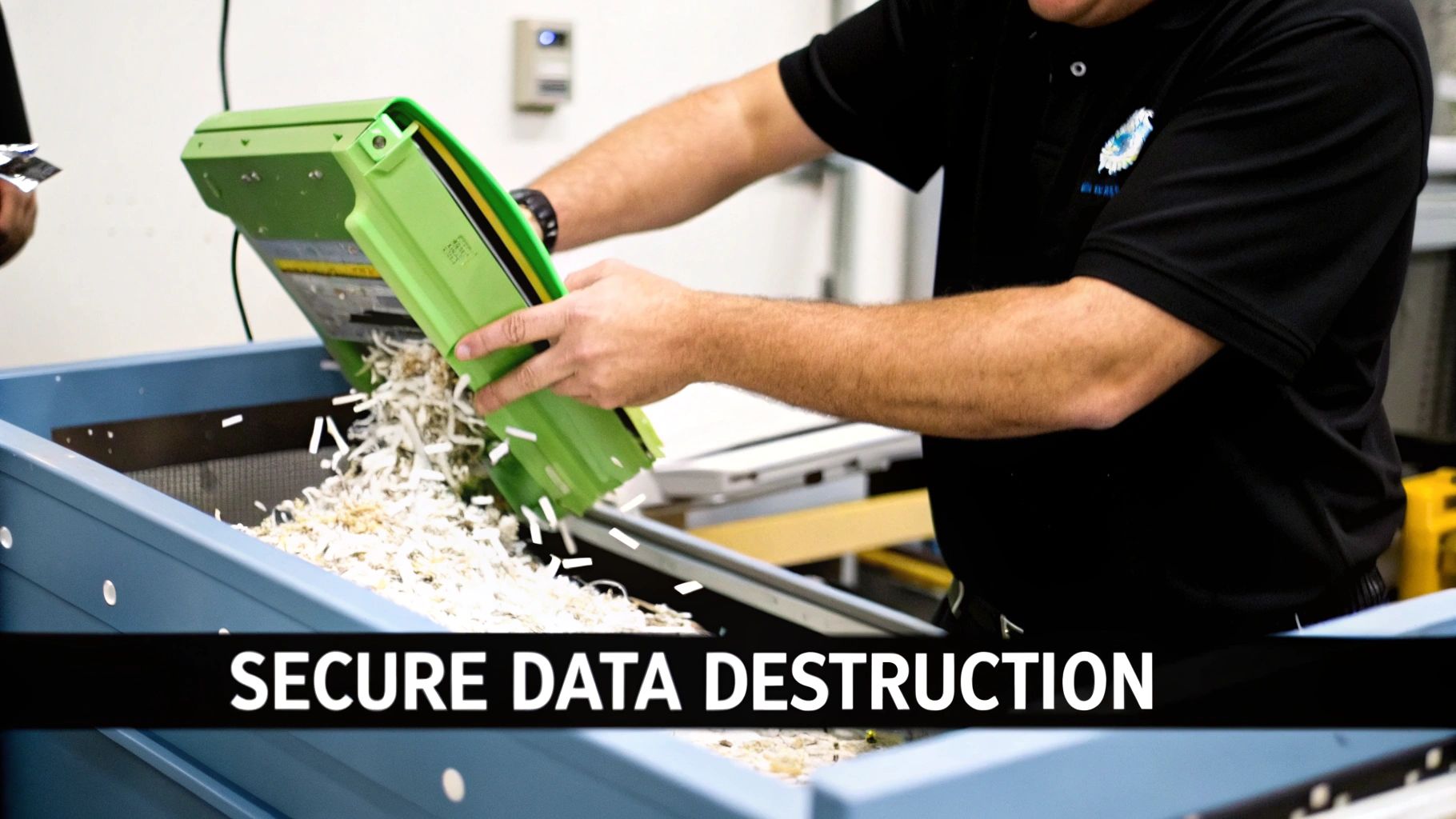 Hands operating a green shredder, disposing of electronic waste into a blue container for secure data destruction.