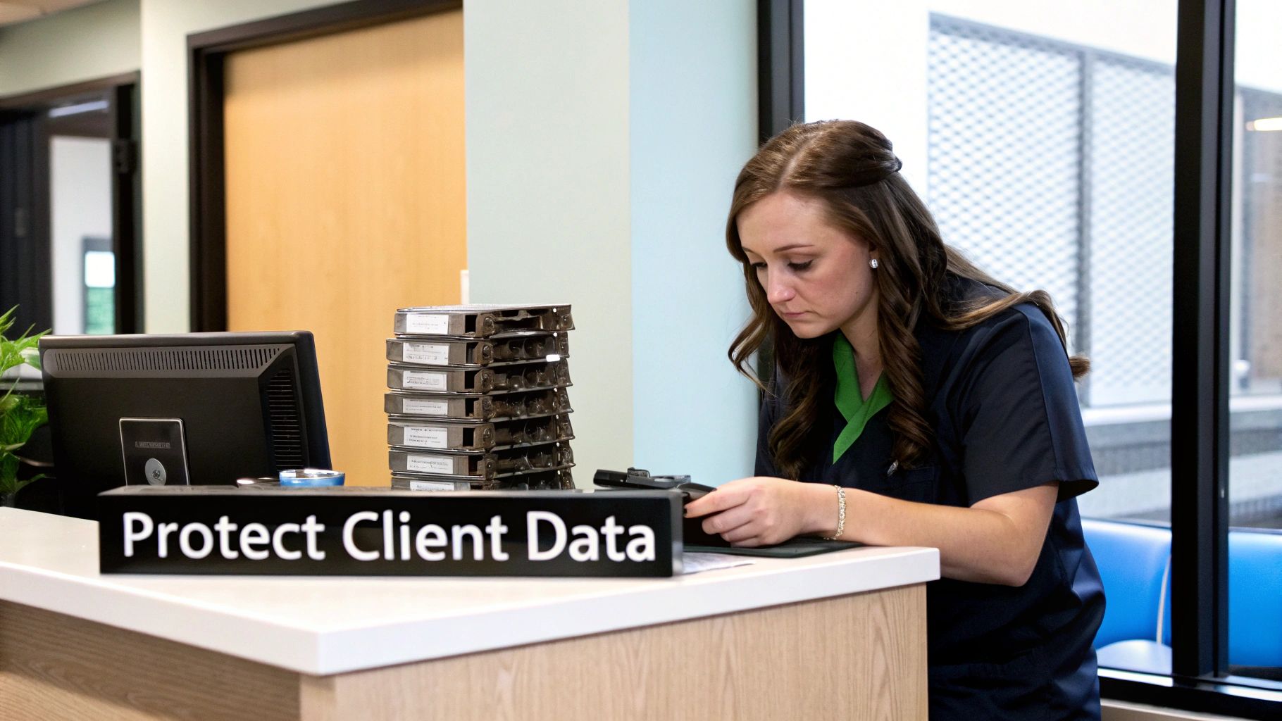 A woman at a desk with stacked data storage devices, focusing on a task, with a 'Protect Client Data' sign.