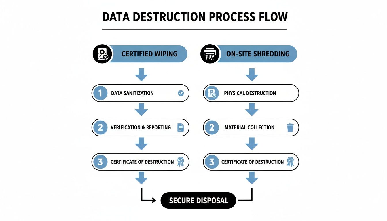Data destruction process flow outlining certified wiping and on-site shredding steps for secure disposal.
