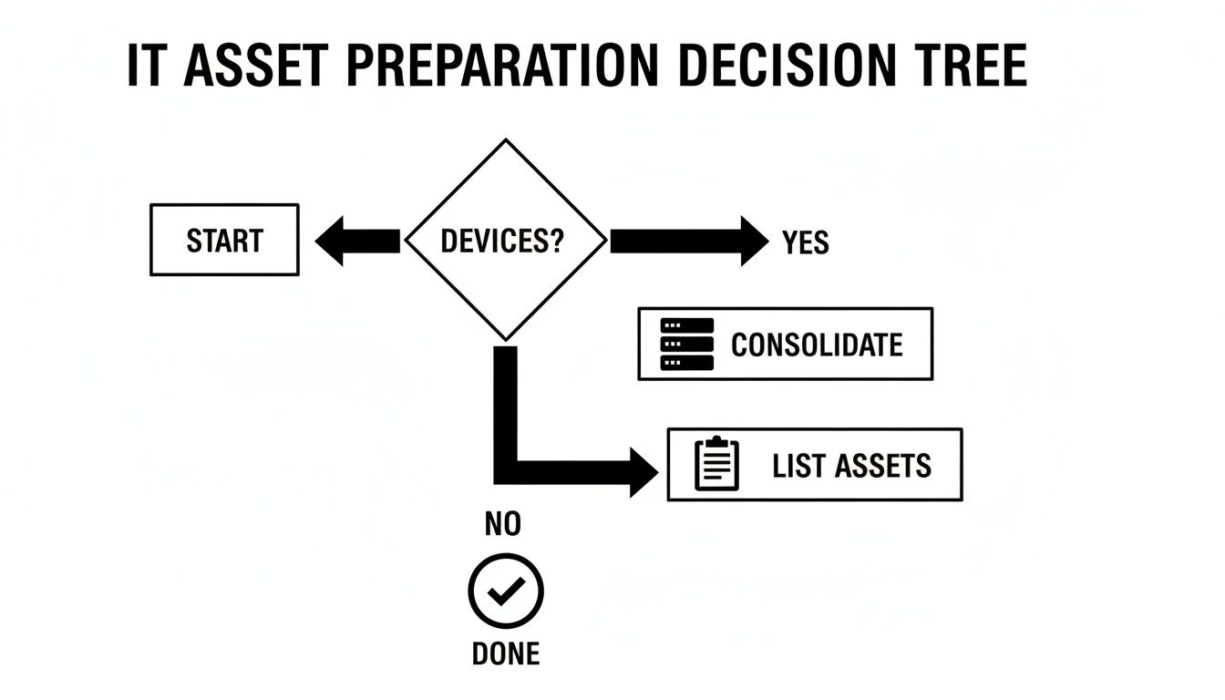 A flowchart outlining the IT asset preparation decision tree, from start to consolidating and listing assets.