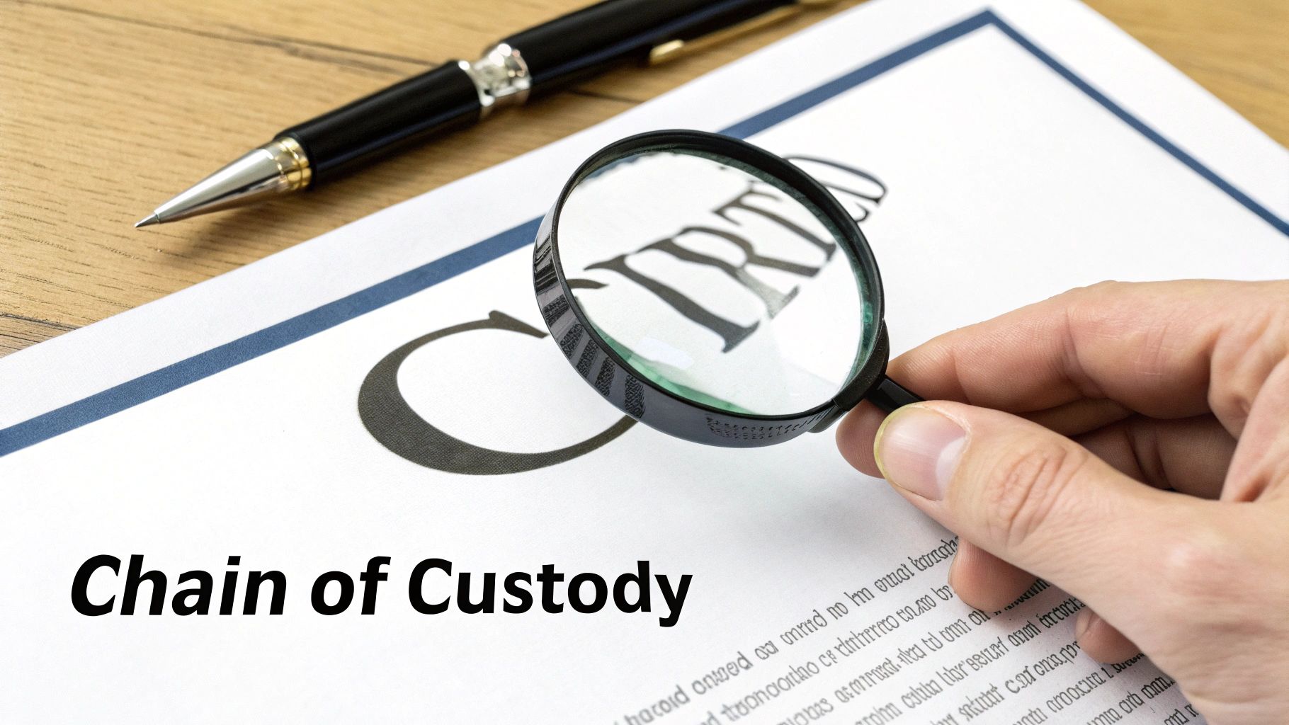 A magnifying glass inspects a 'Chain of Custody' document on a wooden desk with a pen.