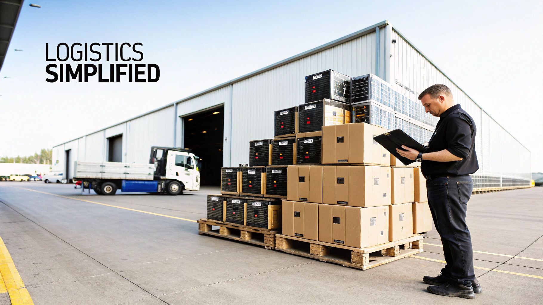 A logistics worker checks a clipboard next to stacked boxes and crates on pallets outside a warehouse, with a truck nearby.