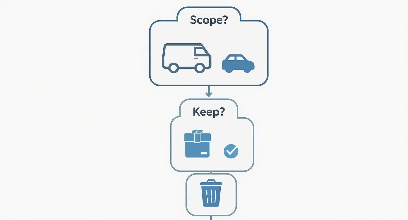 Three-step decluttering flowchart showing scope assessment, decision making to keep items, and disposal process