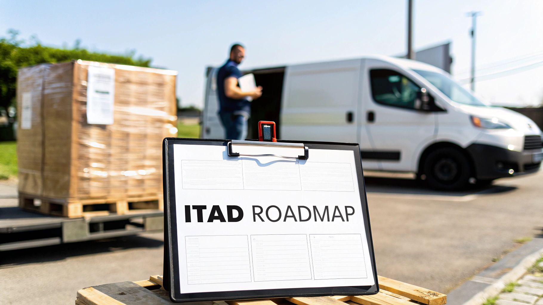A clipboard shows an "ITAD ROADMAP" document, with a man loading packages into a delivery van behind it.