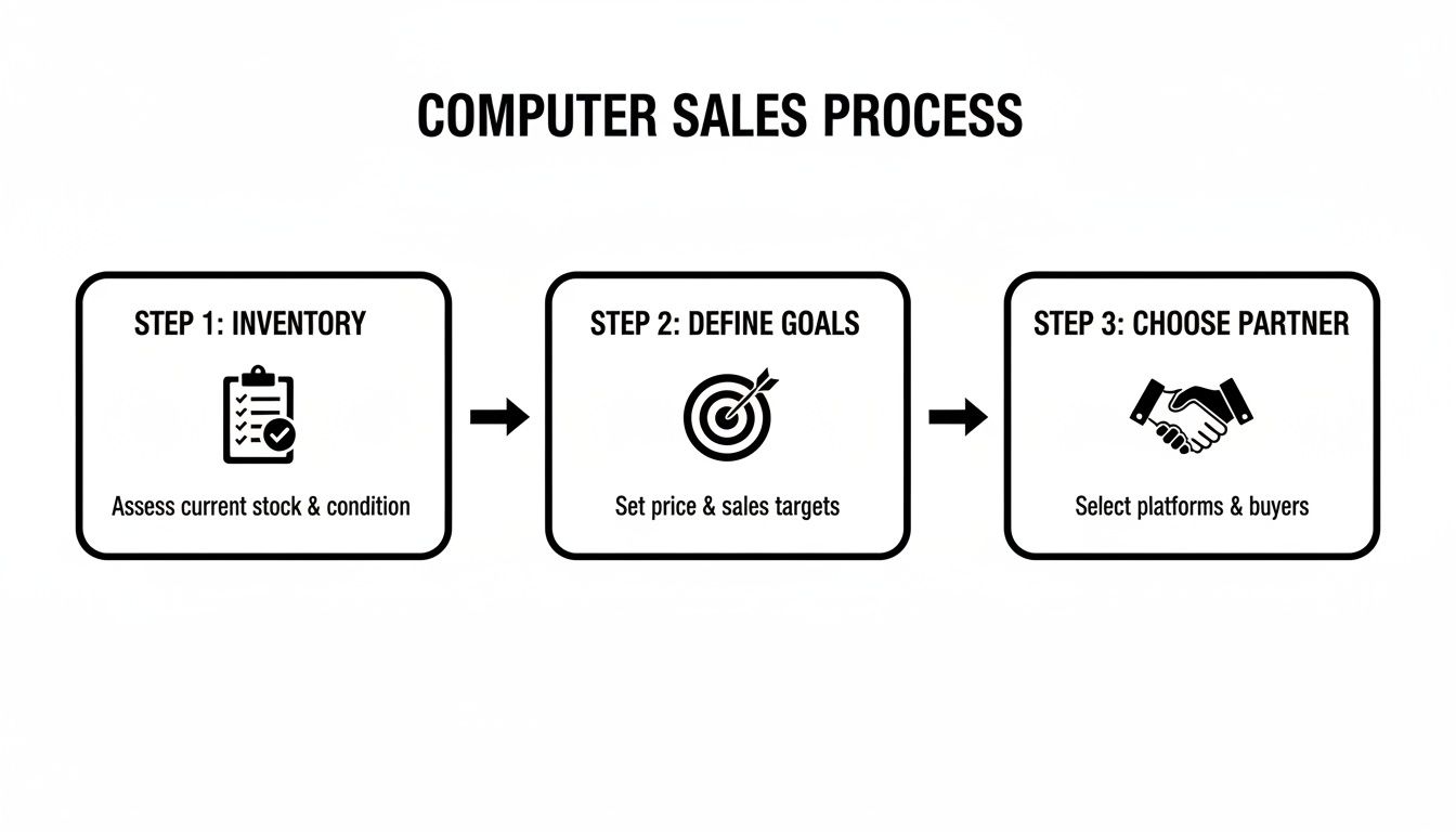 Diagram showing a three-step computer sales process: inventory, define goals, and choose partner.