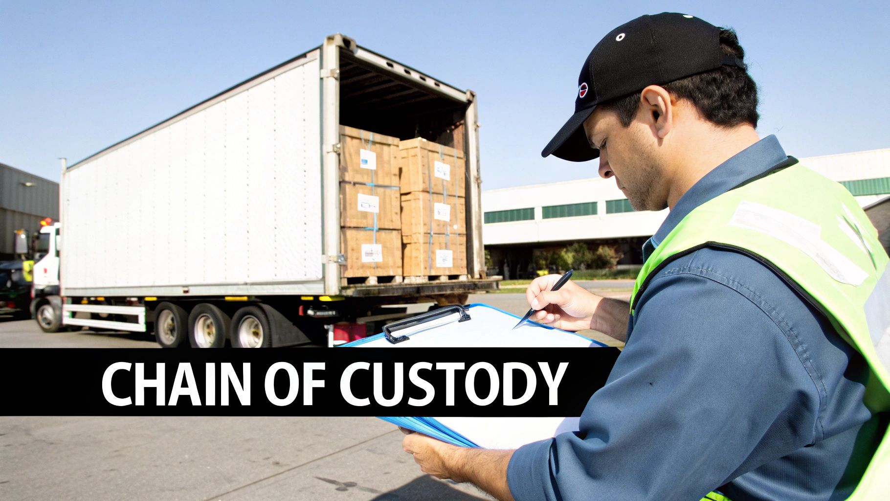 Man in safety vest inspecting cargo on a truck, documenting items for chain of custody.