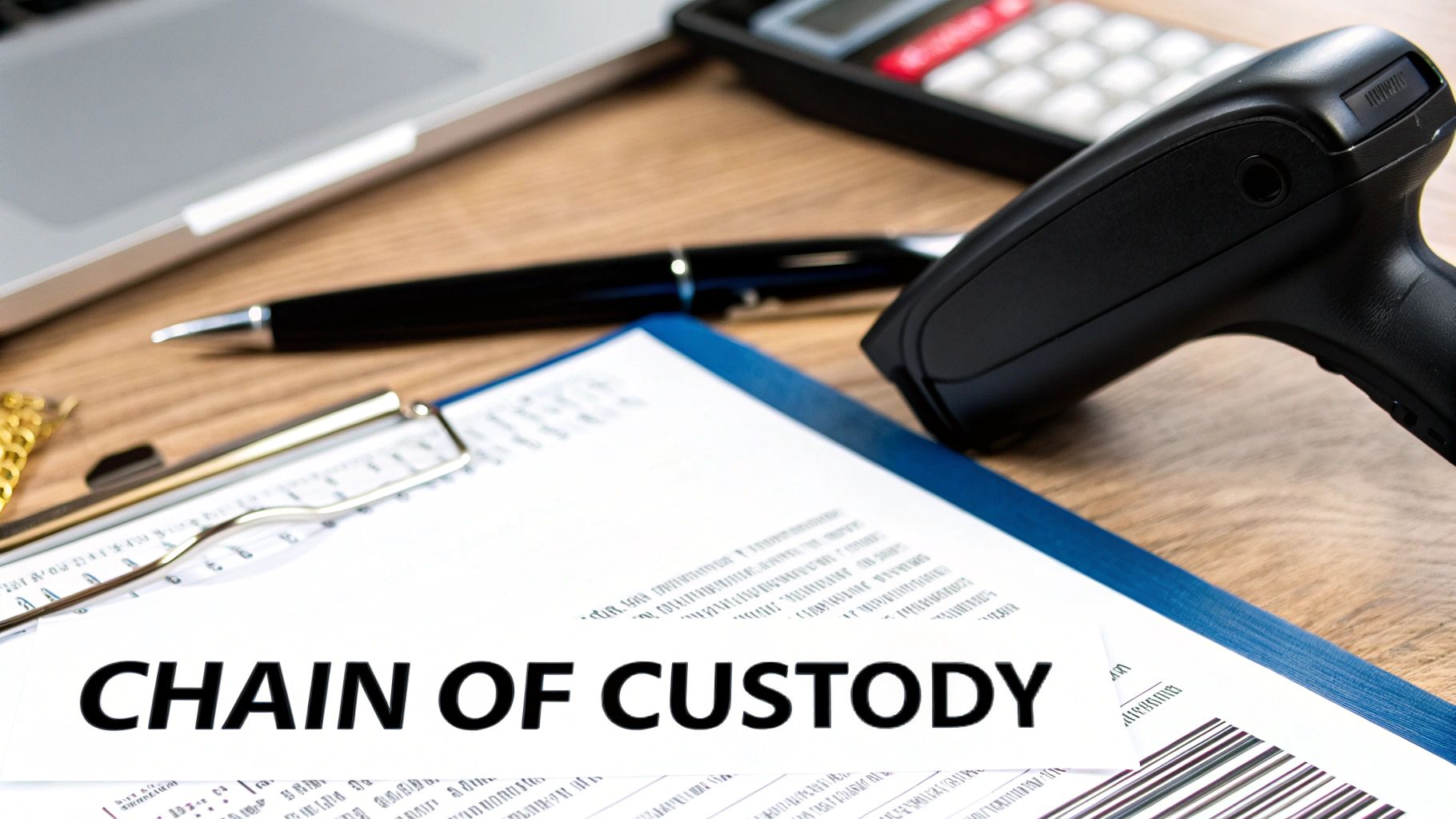 Close-up of a 'CHAIN OF CUSTODY' document, barcode scanner, laptop, and pen on a wooden desk.