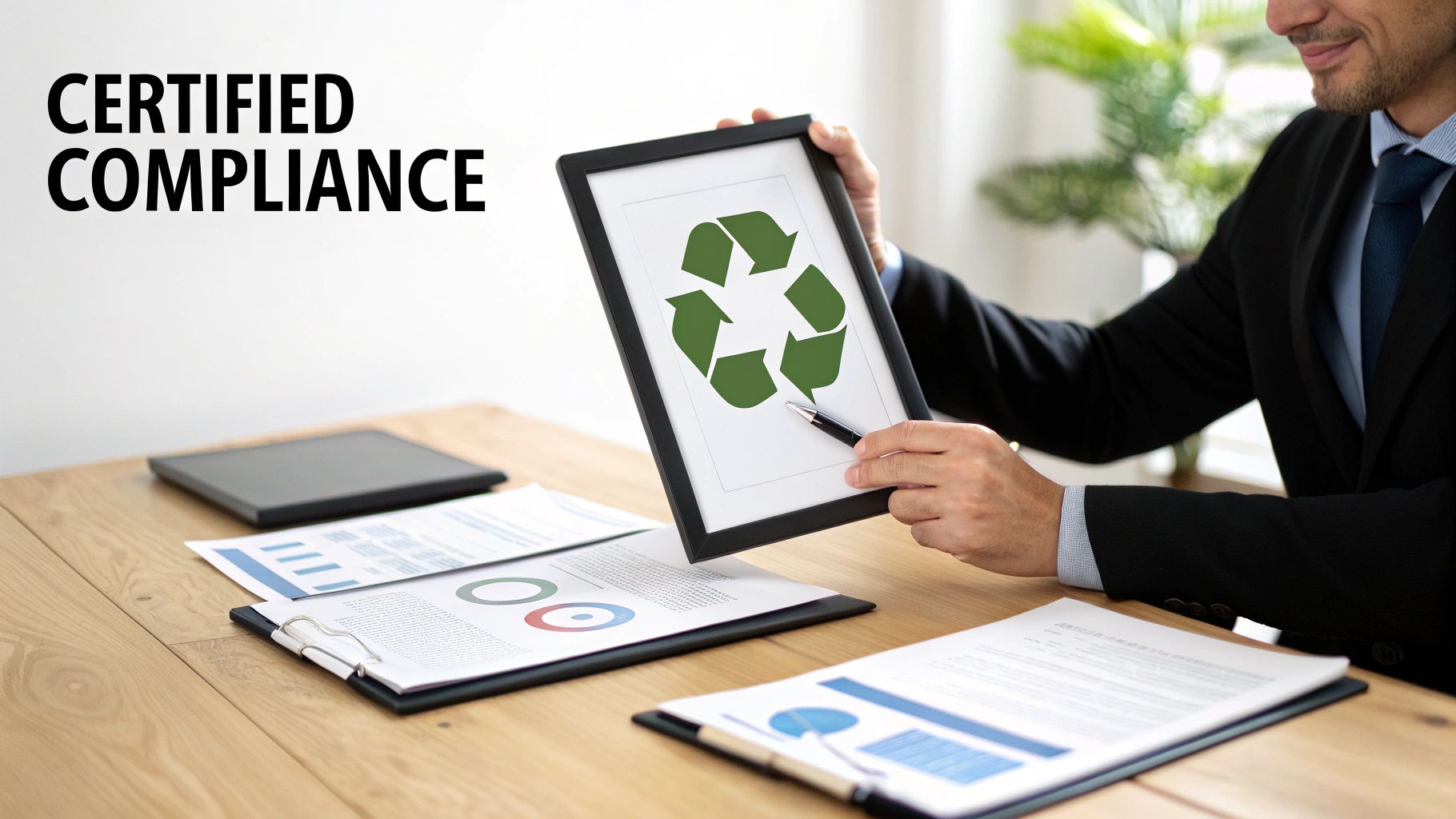 A man in a suit holds a framed picture of a green recycling symbol, indicating certified compliance with environmental standards.