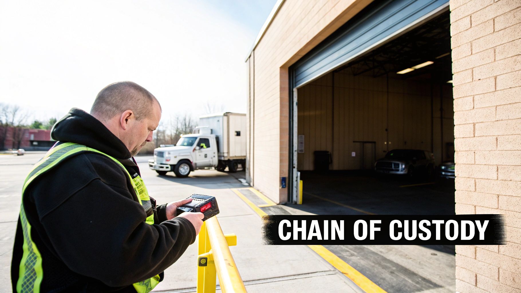 A secure truck used by e waste disposal companies is shown parked in a warehouse.