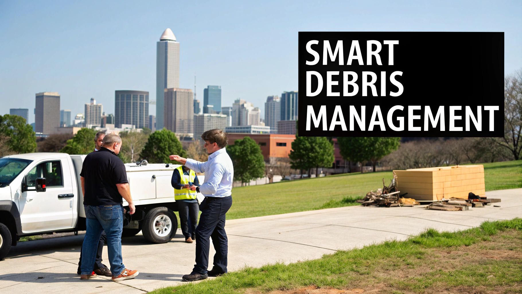 Men in work attire discussing next to a truck, with city skyline and debris, illustrating smart debris management.