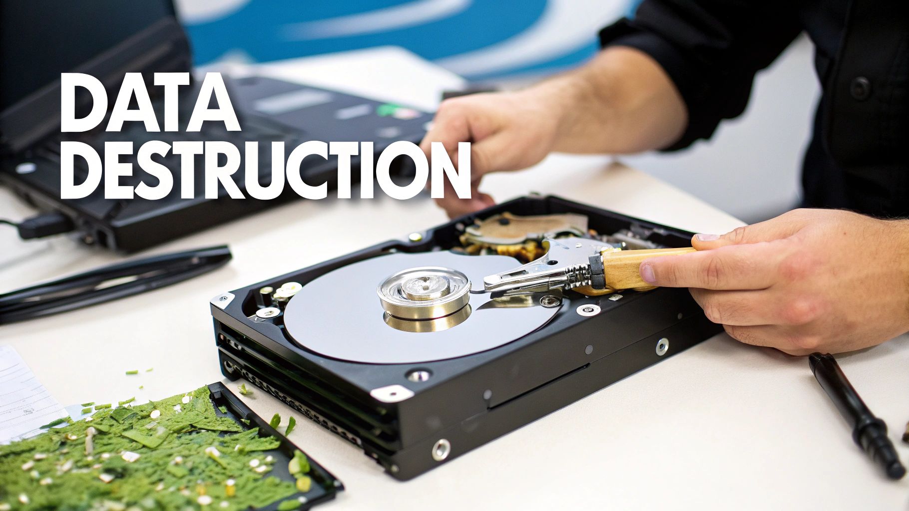 Close-up of a person physically destroying an open computer hard drive, symbolizing data destruction.