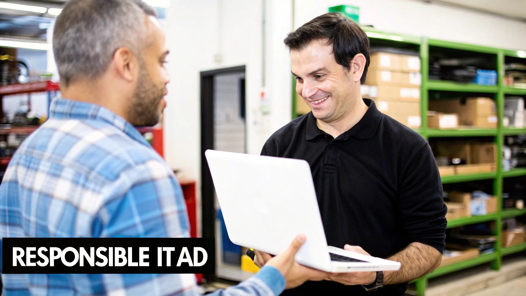 Two smiling men in an IT warehouse discuss a white laptop, showing teamwork.